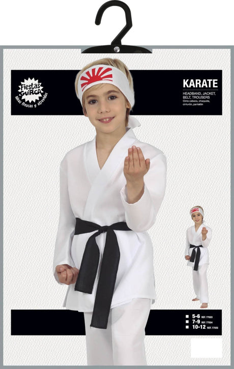 Kids Karate Costume 10-12 with white jacket black belt and headband featuring red sun design