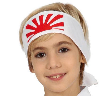 Close-up of a child wearing Kids Karate Costume 10-12 white headband with red sun design