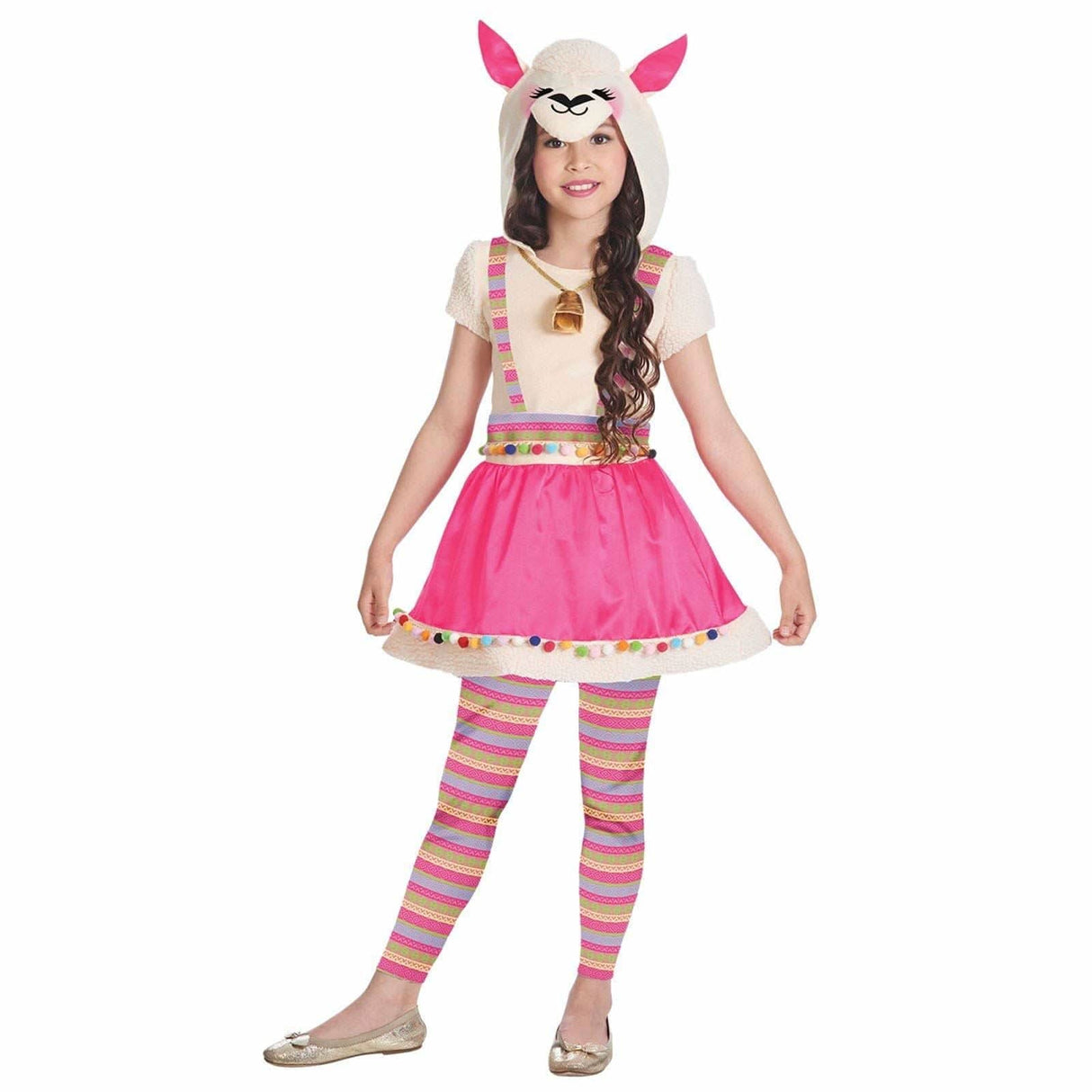 Kids llama costume 4-6 years with pink skirt striped leggings and llama hood for children