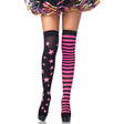 Leg Avenue thigh high tights with mismatched pink stars and stripes on black sheer stockings