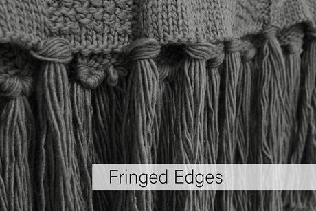 Close-up of fringed edges on a soft light grey throw blanket from CLICKK Home Store