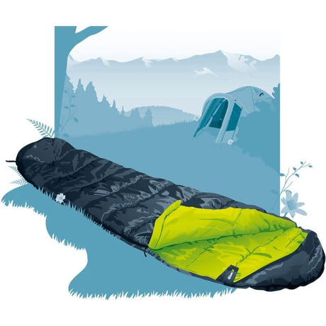 CLICCK Home Store lightweight sleeping bag for hiking with black exterior and green interior next to a camping tent