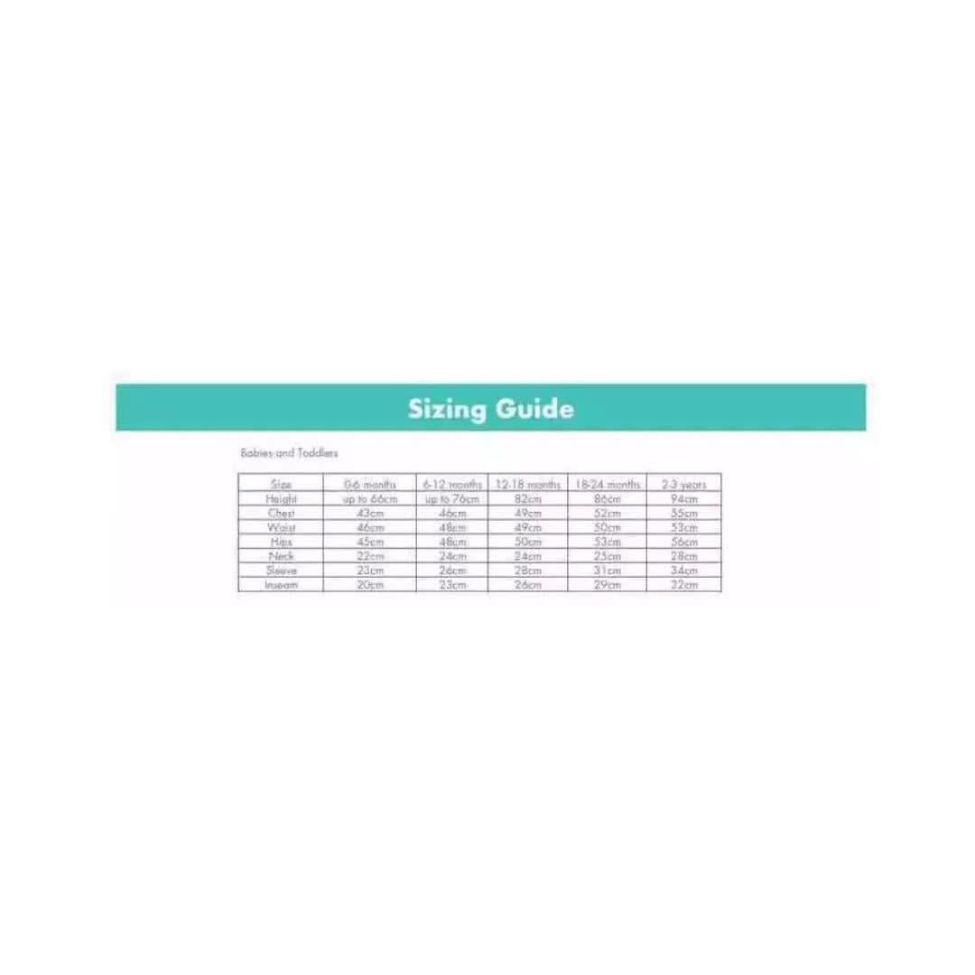 Sizing guide chart for little dragon baby costume showing measurements for babies and toddlers