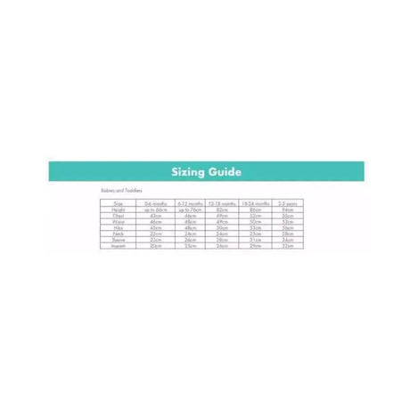 Sizing guide chart for little dragon baby costume showing measurements for babies and toddlers