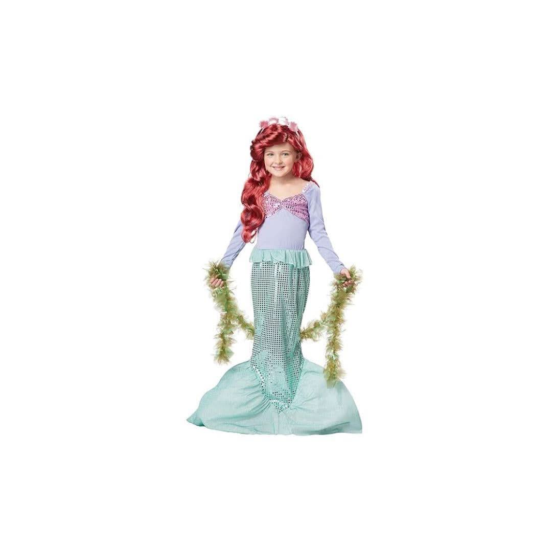 Child wearing a little mermaid costume for kids with red wig and seaweed accessories from CLICKK Home Store