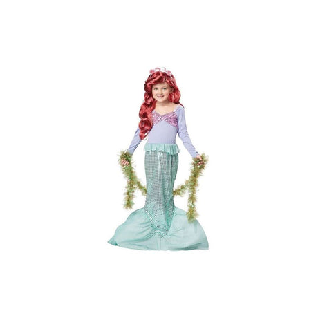 Child wearing a little mermaid costume for kids with red wig and seaweed accessories from CLICKK Home Store