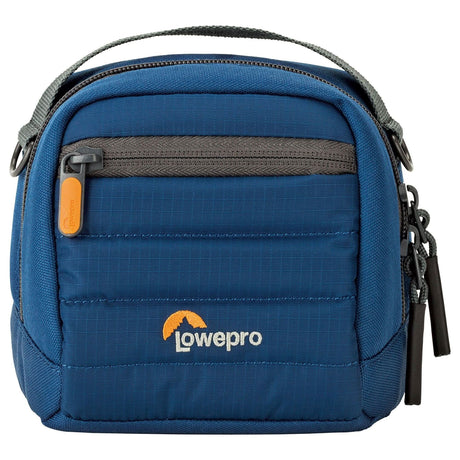 Blue Lowepro Tahoe CS 80 case with front zipper pocket and top handle for camera protection