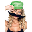 Woman wearing green hat and black mustache Luigi costume accessories for fancy dress