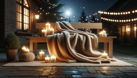 CLICKS Home Store luxurious soft blanket draped on outdoor bench with glowing candles at night