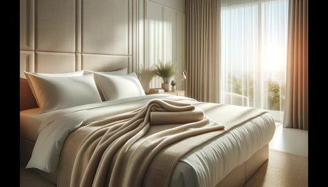 CLICCK Home Store luxurious soft blanket laid on a neatly made bed in a sunlit modern bedroom