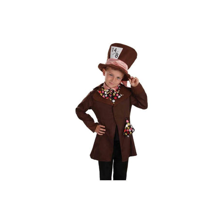 Child wearing a brown Mad Hatter costume for kids with tall hat and colorful bow tie