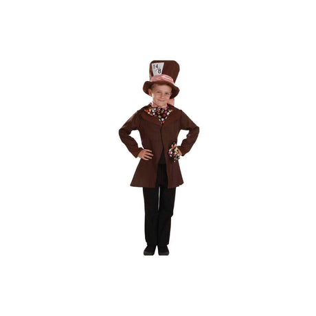 Child wearing a brown Mad Hatter costume for kids with a tall hat and colorful bow tie