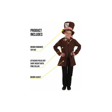 Child wearing a Mad Hatter costume for kids with brown ribboned top hat brown jacket and polka dot shirt insert