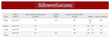Size chart for Womens Fancy Dress Mad Hatter costume women including chest, waist, and pants length measurements