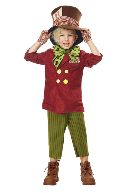 Mad Hatter toddler costume with red jacket green bow tie striped pants and large brown hat