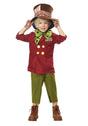 Mad Hatter toddler costume with red jacket green bow tie striped pants and large brown hat