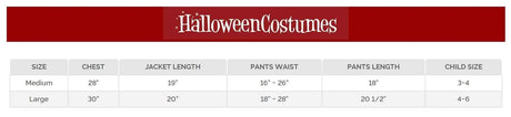 Size chart for Mad Hatter toddler costume showing chest, jacket length, pants waist, and child size details