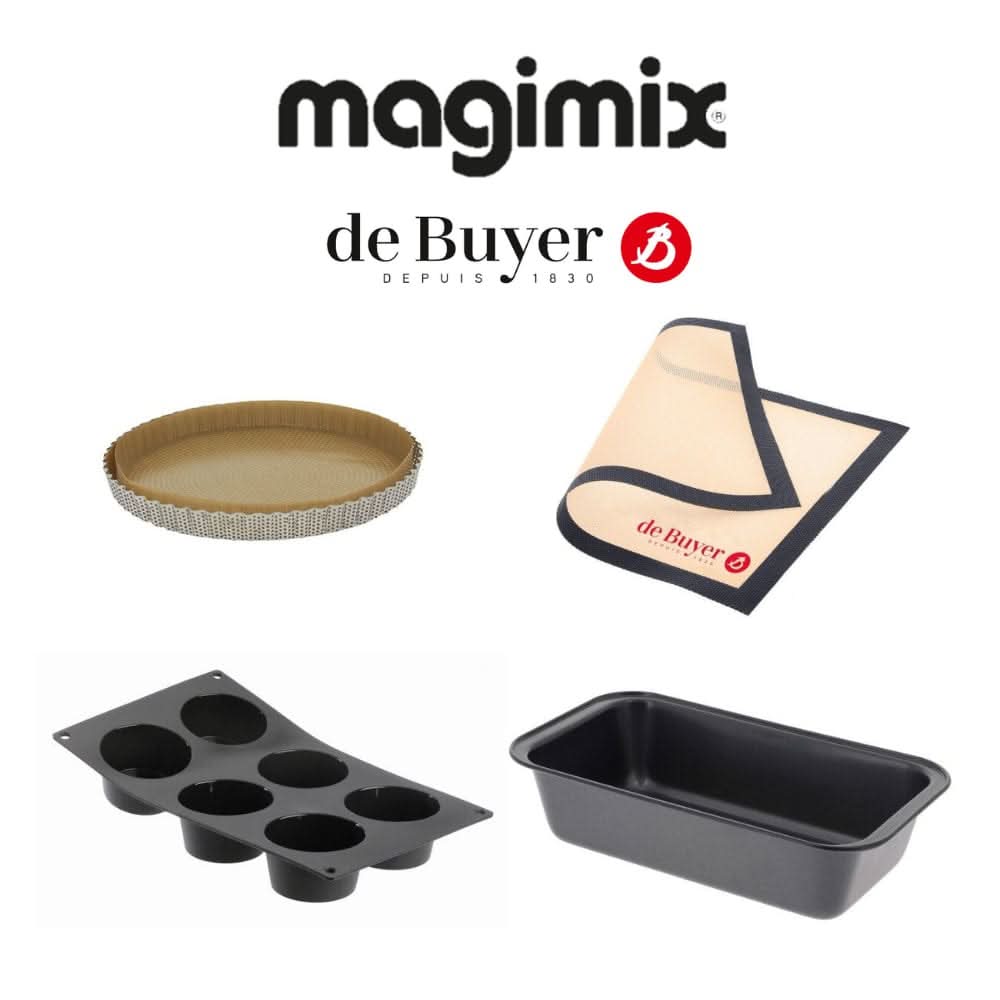 Magimix x De Buyer premium baking accessories set including tart pan, silicone mat, muffin tray, and loaf pan