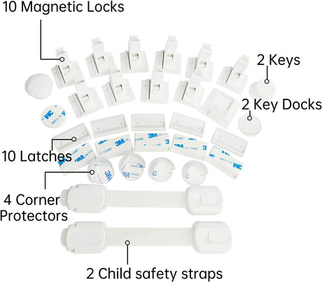 CLICKK Home Store magnetic child safety locks set with 10 locks, 2 keys, latches, corner protectors, and safety straps