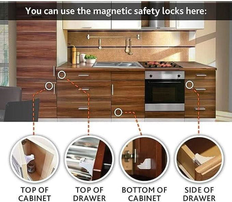 Magnetic child safety locks installed on top and bottom of cabinets and drawers in modern kitchen