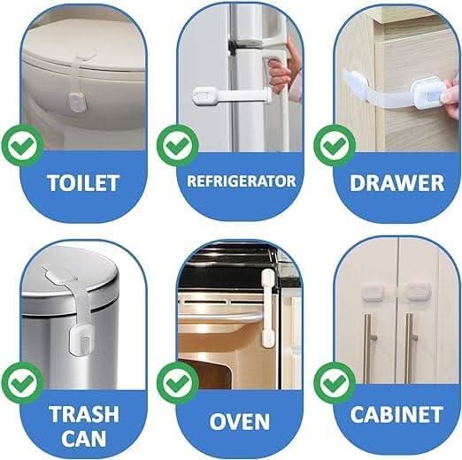 Magnetic child safety locks installed on toilet, refrigerator, drawer, trash can, oven, and cabinet for childproofing