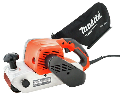 Makita M9400 belt sander with orange and silver body and dust collection bag attached