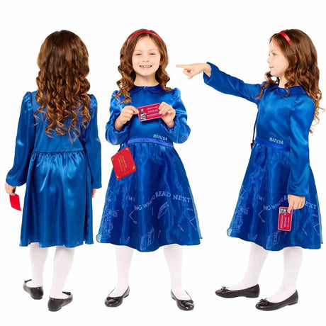 Matilda movie costume for kids with blue dress, red headband, white tights, and black shoes by CLICKK Home Store