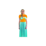 Woman wearing a medieval princess costume XL with orange velvet bodice and light blue satin skirt