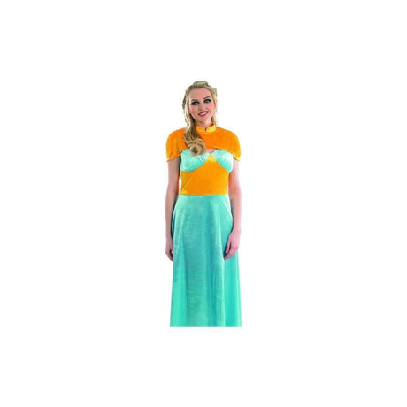 Woman wearing a medieval princess costume XL with orange velvet bodice and light blue satin skirt
