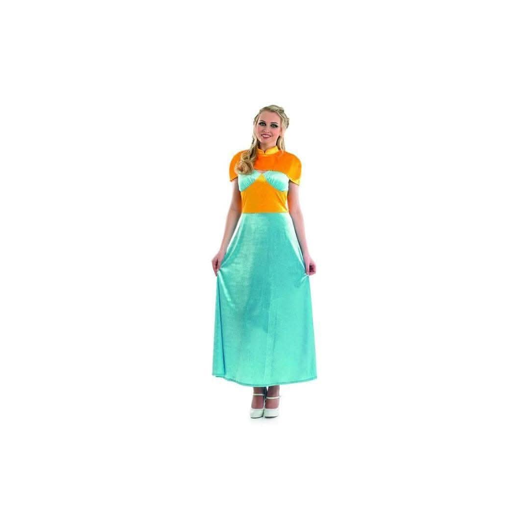 Woman wearing a medieval princess costume XL in turquoise and orange long dress with short sleeves