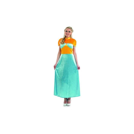 Woman wearing a medieval princess costume XL in turquoise and orange long dress with short sleeves
