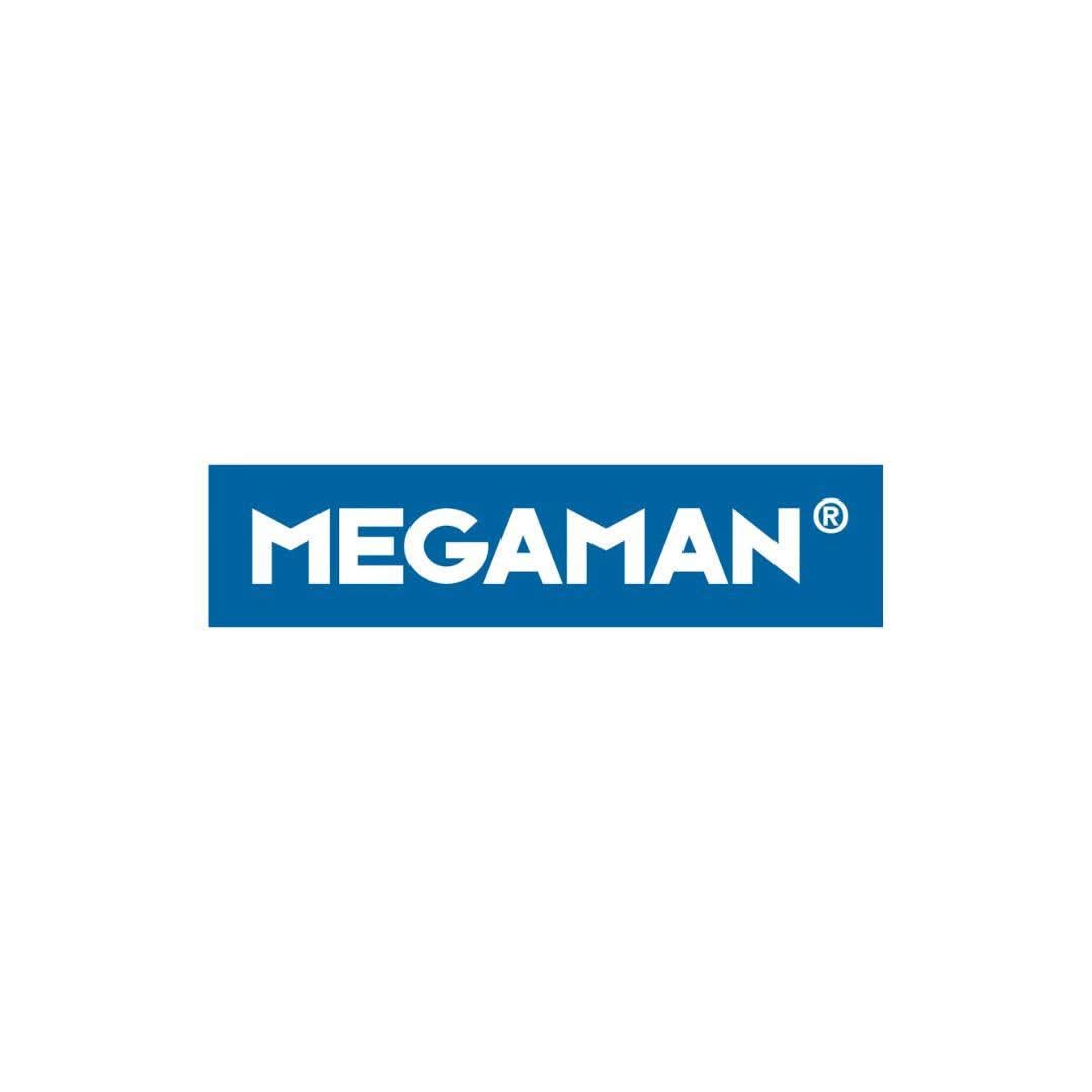 Megaman logo in white text on blue background representing Megaman LED filament bulb brand