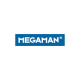 Megaman logo in white text on blue background representing Megaman LED filament bulb brand