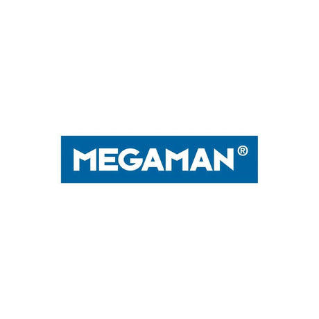 Megaman logo in white text on blue background representing Megaman LED filament bulb brand