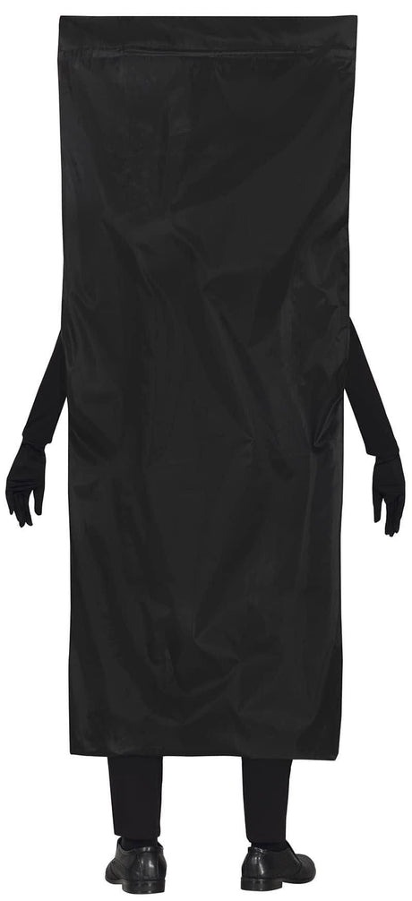 Mens dead man costume black body bag outfit with attached gloves and black shoes