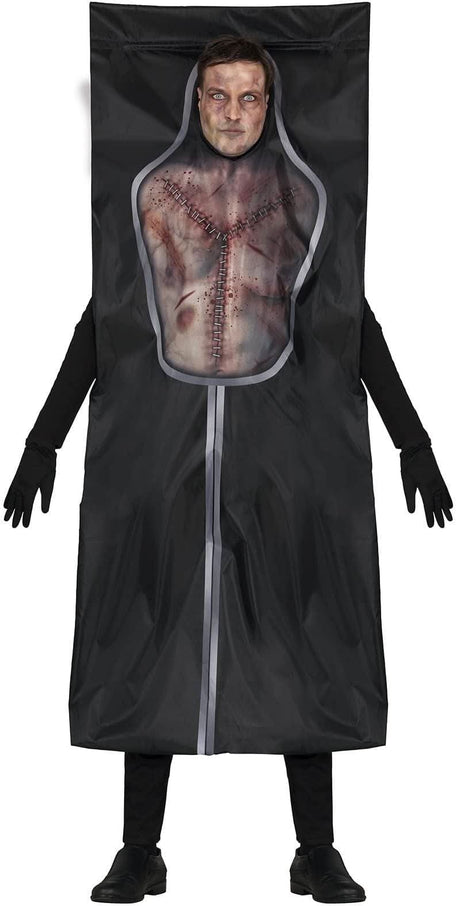 Mens dead man costume featuring a zombie body bag design with creepy face and stitched wounds