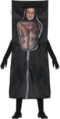 Mens dead man costume featuring a zombie body bag design with creepy face and stitched wounds