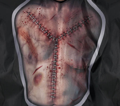 Mens dead man costume showing detailed chest with stitched scars and blood splatters on fabric