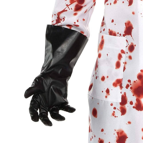 Black glove detail on men's demented dentist costume featuring blood splatter design by Fancy Dress
