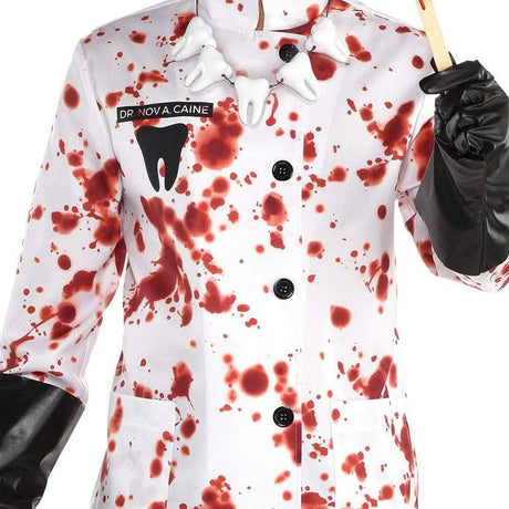 Men's demented dentist costume by Fancy Dress featuring blood-splattered white coat and tooth necklace