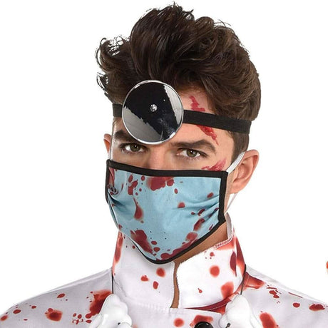 Men's demented dentist costume featuring blood-stained mask, head mirror, and white coat with red splatters