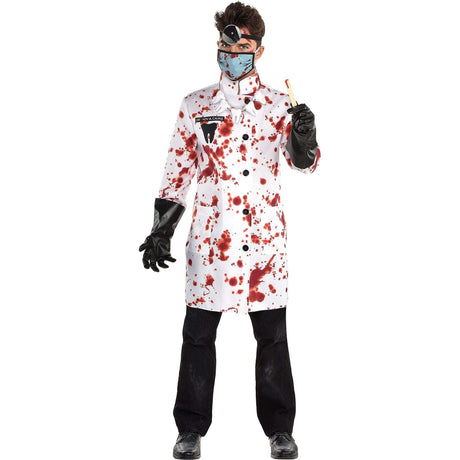 Fancy Dress men's demented dentist costume with blood-splattered white coat and black gloves