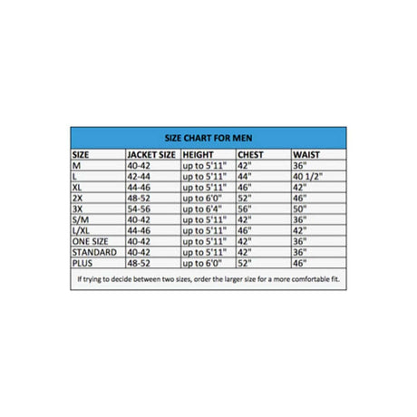 Size chart for men's demented dentist costume with jacket size chest waist and height details