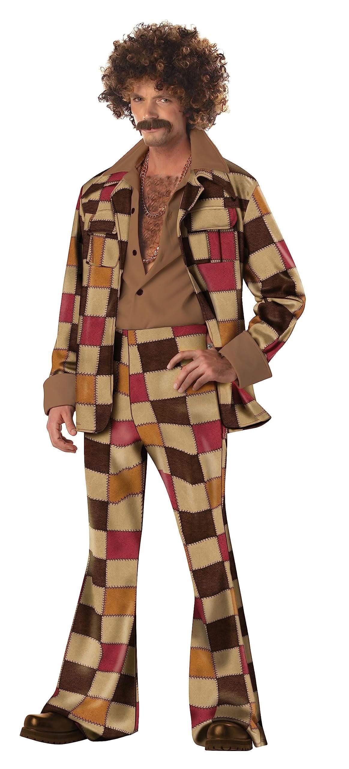Mens Disco Costume XL with retro checkered jacket and pants in brown, tan, and red from Mens Fancy Dress