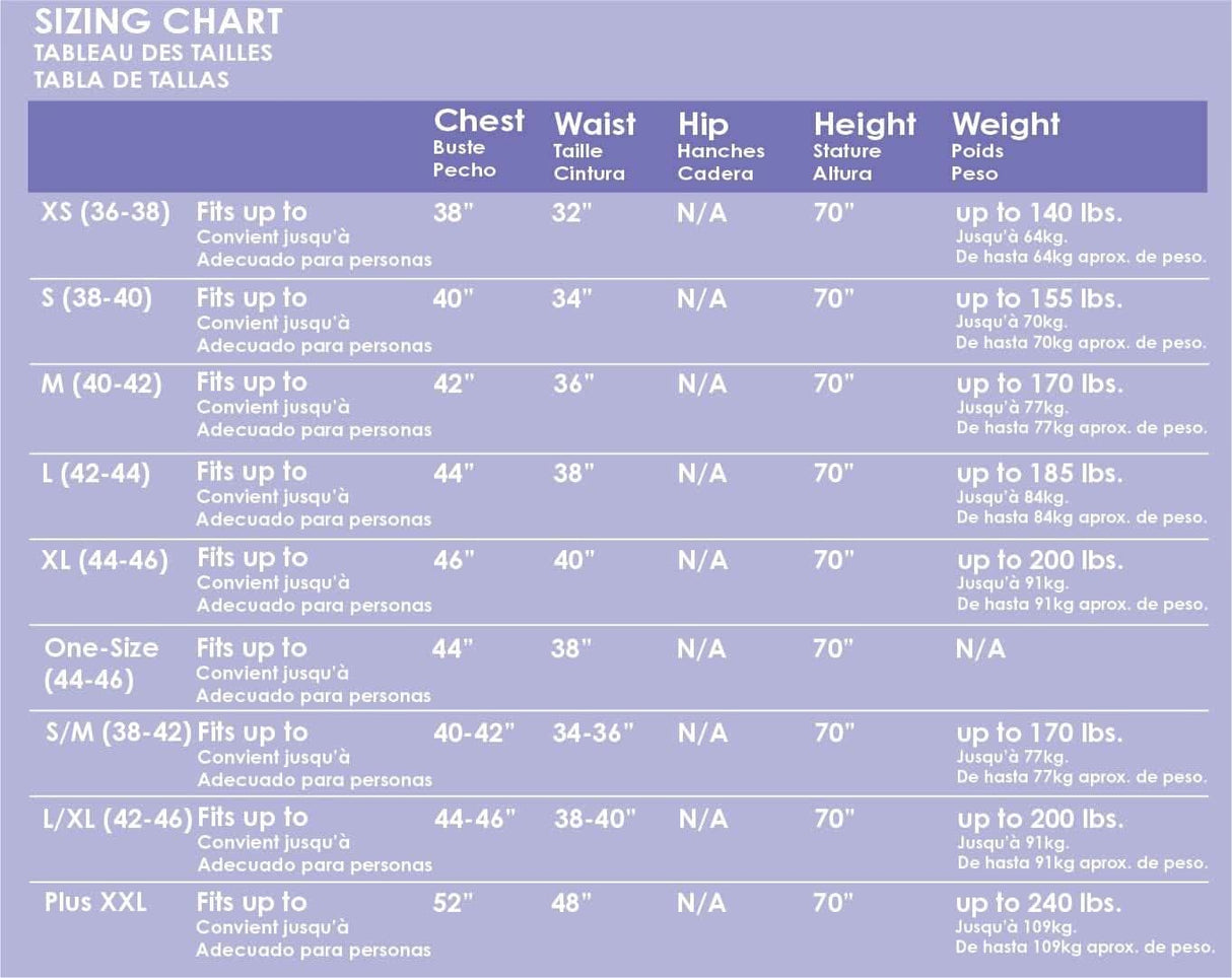 Mens Fancy Dress sizing chart showing measurements for Mens Disco Costume XL including chest 46 inches waist 40 inches height 70 inches