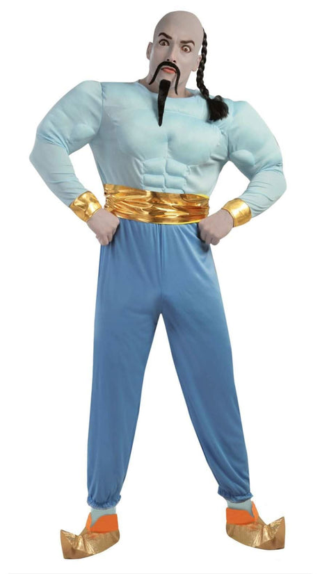 Men's Genie costume Aladdin with padded blue top, gold belt and cuffs, blue pants, and gold shoes