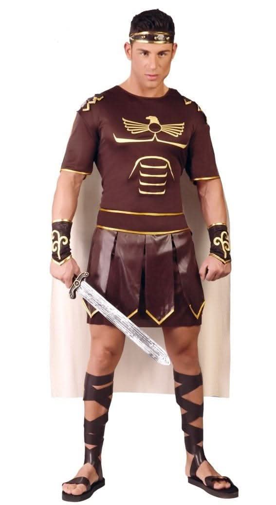 Men's Gladiator Costume featuring brown tunic with gold accents, matching arm cuffs, headband, and sword accessory