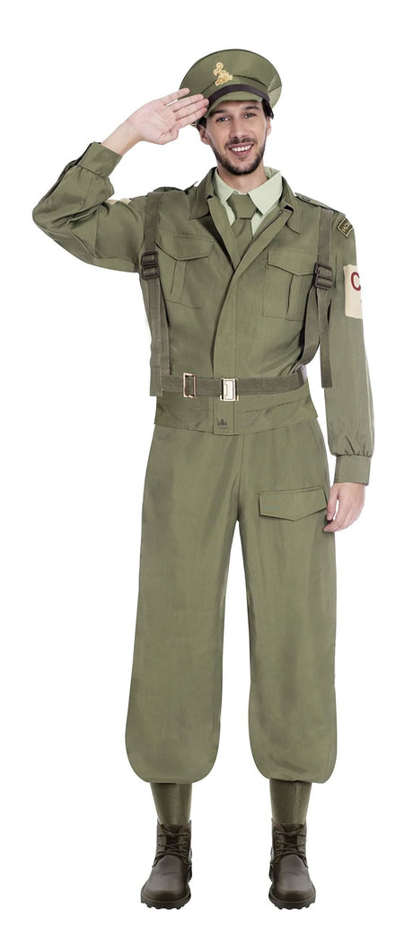 Men's home guard soldier costume by Fancy Dress in olive green with hat and boots