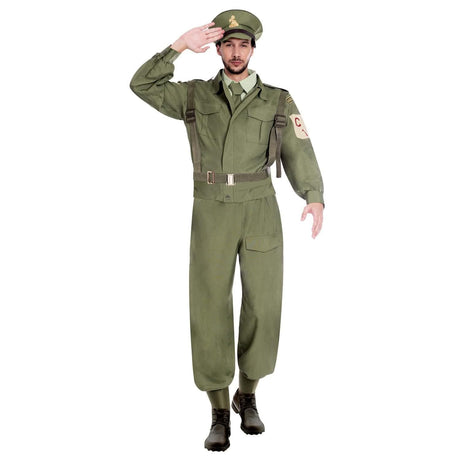 Man wearing men's home guard soldier costume in green with cap, belt, and black boots saluting