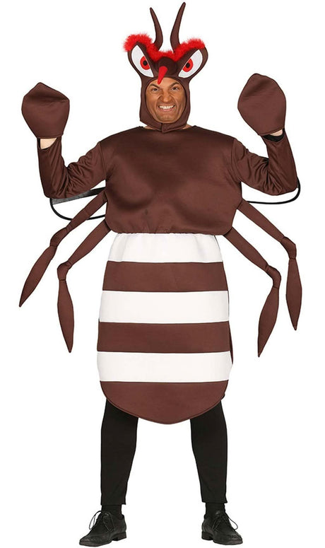 Mens Fancy Dress men's mosquito costume featuring brown striped body with large eyes and antennae